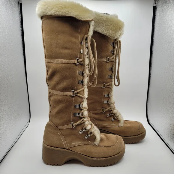 Y2K Report Icon Womens Lace-UpTan Suede Boots Faux Fur Size 8 - Picture 7 of 15